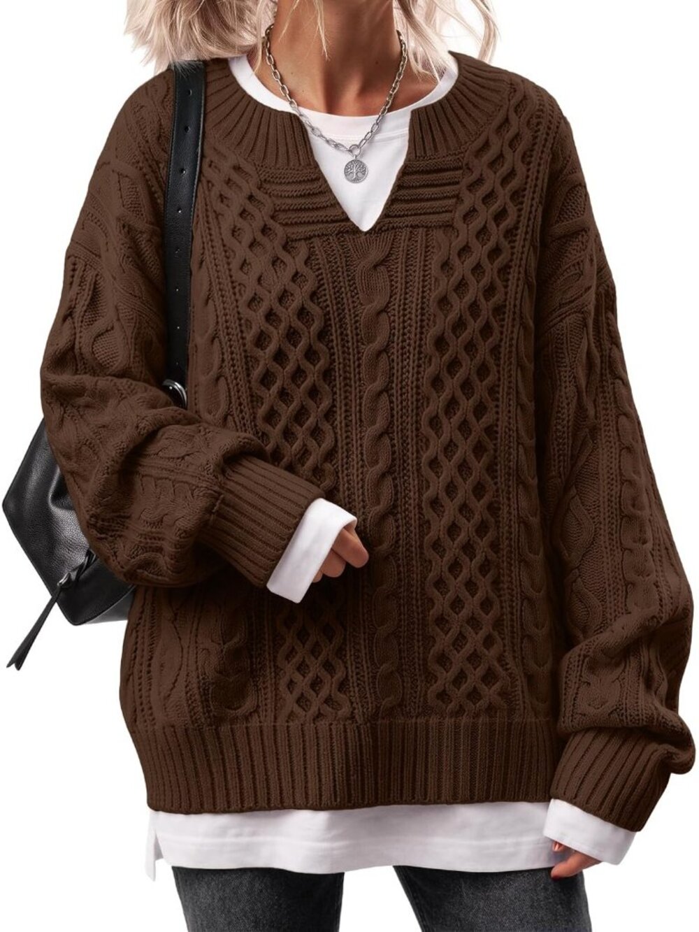 Women's Brown V Neck Fall Fashion Oversized Cable Knit Fall Outfits Sweaters